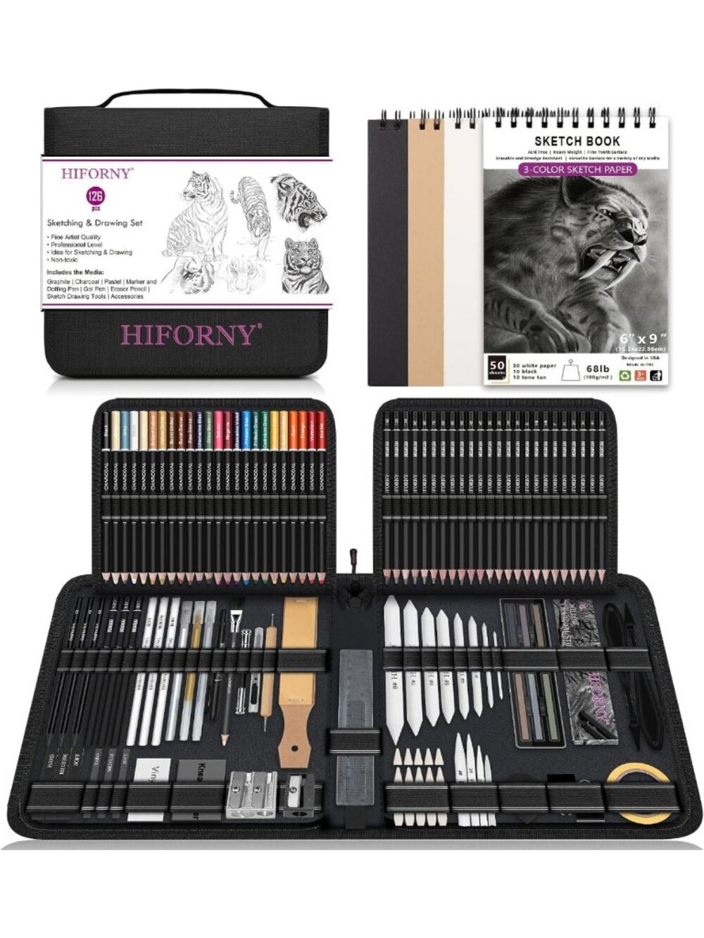 126 PCS Sketching Pencil Set with 3-Color Sketchbook & Blending Tools for
